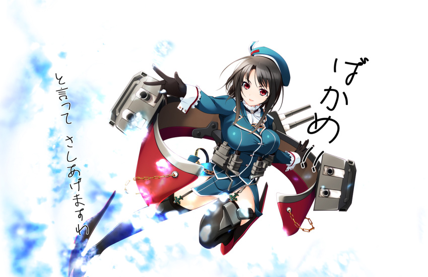 1girl beret black_gloves black_hair black_legwear blush breasts cannon chain garter_straps gloves hat kantai_collection large_breasts long_hair military_jacket open_mouth personification red_eyes short_hair solo takao_(kantai_collection) tebukuro text thighhighs turret