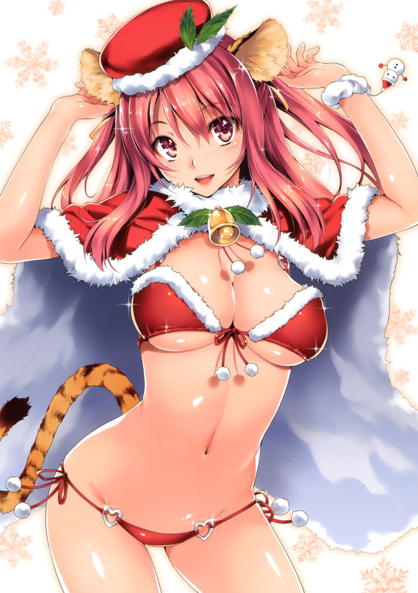 1girl absurdres animal_ears arms_up bell bikini breasts cape christmas cleavage front-tie_top fur_trim hat highres kikurage_(plastic_people) leaf pink_eyes pink_hair red_bikini shiny shiny_skin side-tie_bikini smile snowflakes solo sparkle string_bikini swimsuit tail tiger_ears tiger_tail two_side_up wristband