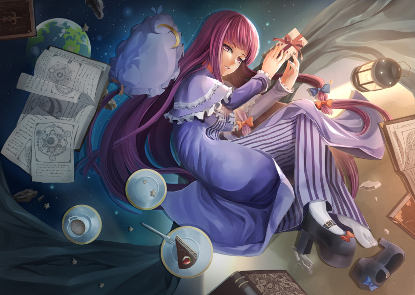 1girl book cake crescent cup dress earth food gift hair_ribbon hat hat_removed headwear_removed high_heels highres lantern long_hair lying on_side patchouli_knowledge purple_hair rayxray ribbon robe smile solo star_(sky) tea teacup touhou violet_eyes