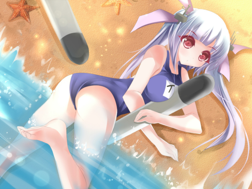 1girl highres i-19_(kantai_collection) kantai_collection long_hair marionette_(excle) one-piece_swimsuit red_eyes solo swimsuit white_hair