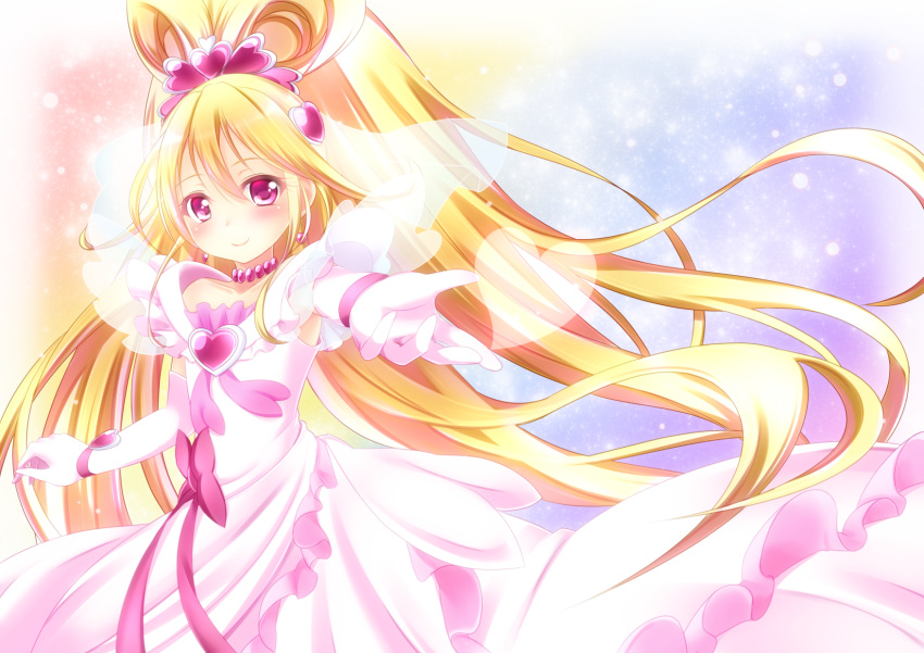 1girl aida_mana bare_shoulders blonde_hair bow brooch choker cure_heart curly_hair dokidoki!_precure dress earrings engage_mode_(dokidoki!_precure) frills gloves hair_ornament half_updo heart heart_hair_ornament highres jewelry long_hair magical_girl outstretched_hand pink_eyes ponytail precure rainbow_background ribbon shoulderless_dress smile solo veil yayayoruyoru