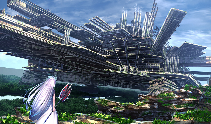 1girl battle_axe blue_sky cannon clouds dress forest fortress highres long_hair nature original overgrown post-apocalypse river ruins ryosios silver_hair sky solo very_long_hair white_dress