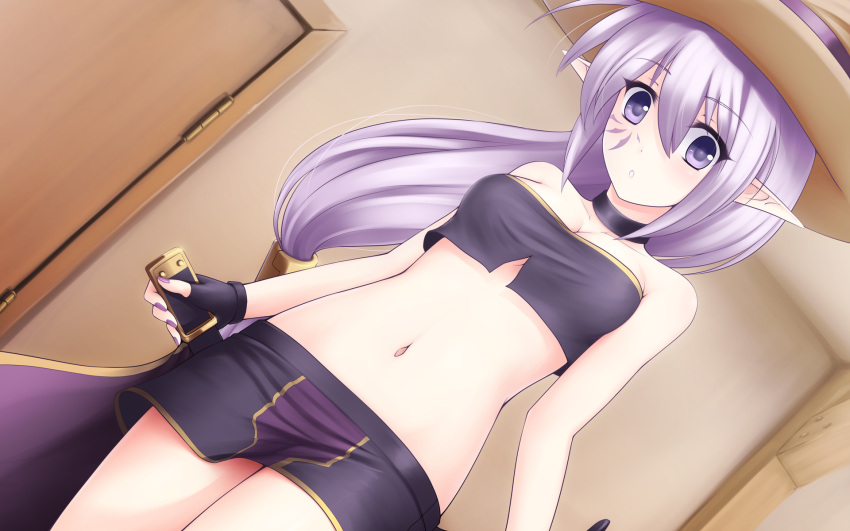 1girl bare_shoulders breasts cleavage facial_tattoo gloves hat highres kerasu long_hair looking_at_viewer midriff navel open_mouth original pointy_ears purple_hair skirt solo tattoo violet_eyes