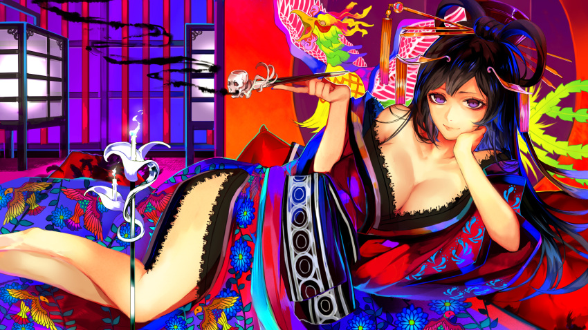 1girl black_hair breasts candle cleavage hair_ornament hair_rings highres japanese_clothes lantern large_breasts long_hair lying original pipe skull smoking solo tcb violet_eyes