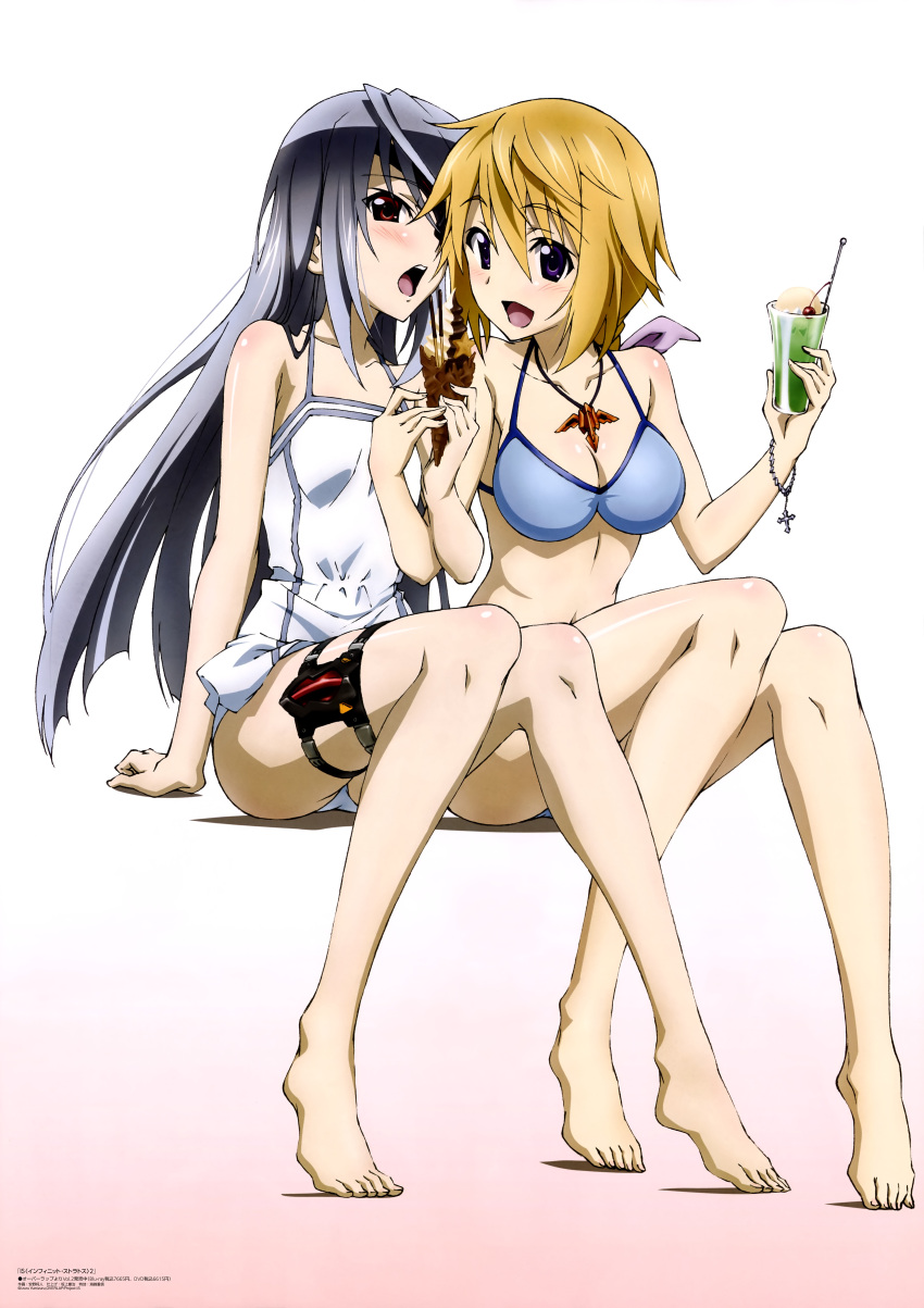 2girls :d absurdres arm_support artist_request bare_shoulders barefoot bikini blonde_hair blue_bikini bracelet breasts casual_one-piece_swimsuit charlotte_dunois cleavage eyepatch feet fingernails full_body gradient gradient_background highres infinite_stratos jewelry laura_bodewig long_fingernails multiple_girls necklace one-piece_swimsuit open_mouth red_eyes scan sharing_food silver_hair simple_background smile swimsuit thigh_strap tongue tongue_out violet_eyes