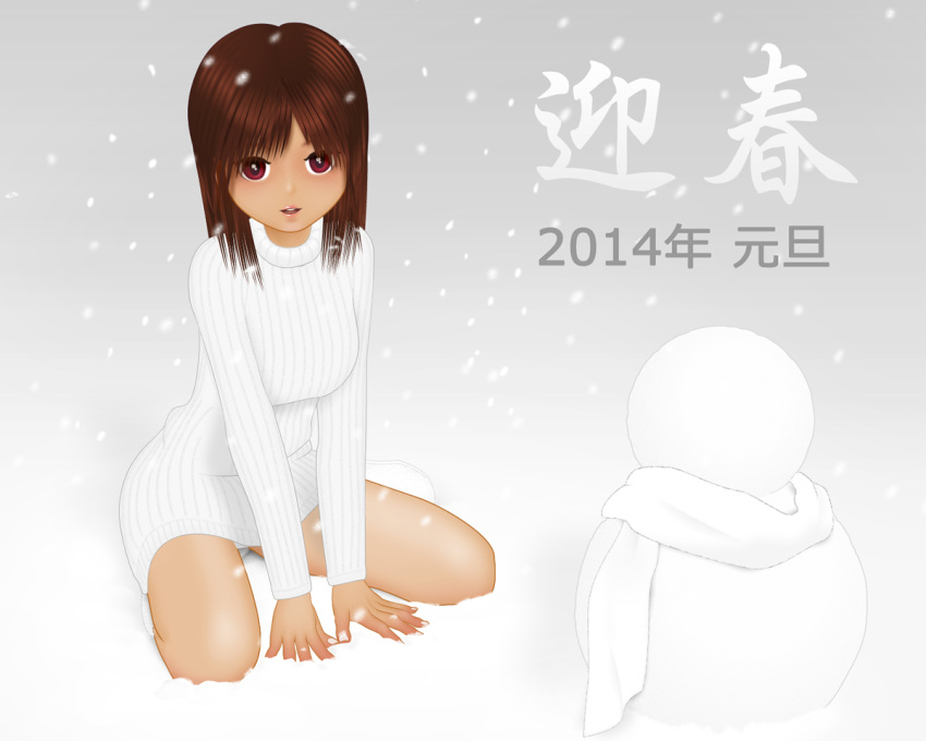 1girl acerbi brown_eyes brown_hair new_year original short_hair snow snowman solo sweater