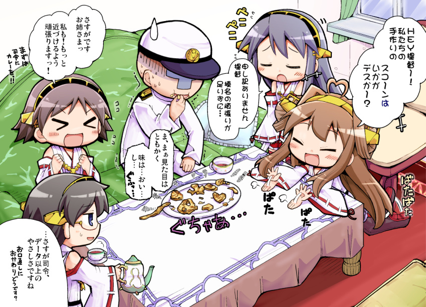 &gt;_&lt; :d admiral_(kantai_collection) ahoge bare_shoulders black_hair blush brown_hair cup detached_sleeves double_bun hair_ornament hairband haruna_(kantai_collection) heart_ahoge herada_mitsuru hiei_(kantai_collection) japanese_clothes kantai_collection kirishima_(kantai_collection) kongou_(kantai_collection) long_hair multiple_girls nontraditional_miko open_mouth personification skirt smile teacup teapot thighhighs translation_request