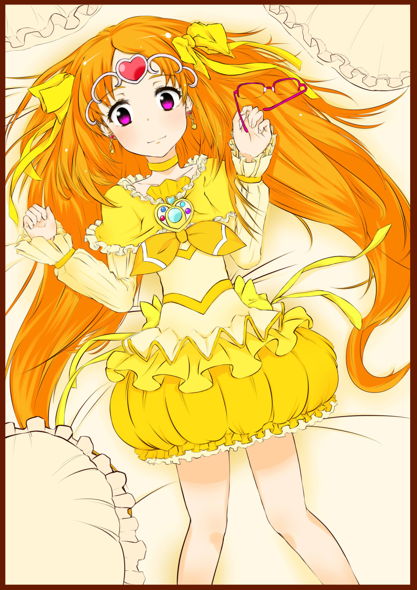 1girl absurdres bed boots brooch bubble_skirt choker circlet cure_muse_(yellow) cushion dress frills glasses hair_ribbon heart highres jewelry long_hair lying magical_girl orange_hair precure ribbon shirabe_ako smile solo suite_precure violet_eyes yellow_dress