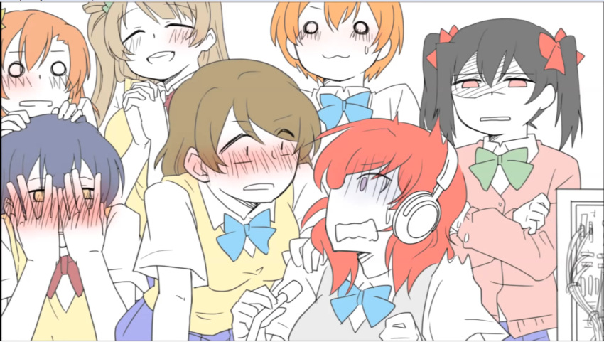 6+girls ^_^ artist_name artist_request background black_hair blush bow brown_hair closed_eyes comic hair_bow hoshizora_rin koizumi_hanayo kousaka_honoka long_hair love_live!_school_idol_project minami_kotori multiple_girls multiple_tails nishikino_maki o_o open_mouth ponytail red_eyes redhead school_uniform shaking shocked_eyes short_hair skirt smile sonoda_umi stare startled surprised tail trembling twintails yazawa_nico