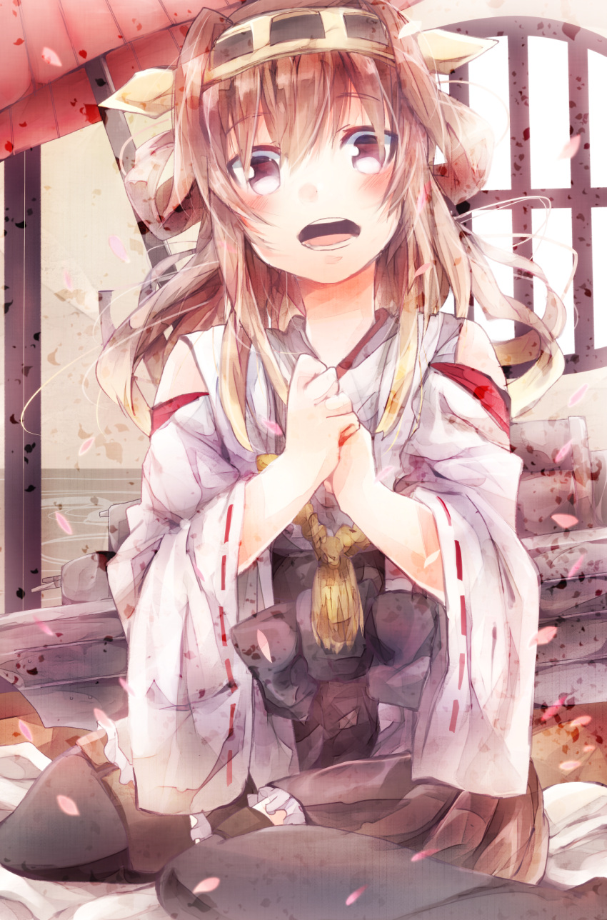 1girl bare_shoulders black_legwear blush brown_eyes brown_hair cannon cherry_blossoms detached_sleeves double_bun hair_ornament hairband headgear highres japanese_clothes kantai_collection kongou_(kantai_collection) long_hair nontraditional_miko open_mouth oriental_umbrella personification petals sitting skirt smile solo sugino_(patrassyar) thighhighs turret umbrella wariza