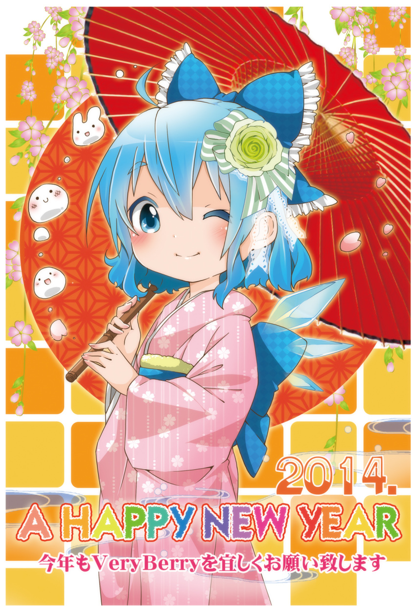 1girl berry_jou blue_eyes blue_hair bow cirno floral_print hair_bow happy_new_year highres japanese_clothes kimono long_sleeves looking_at_viewer obi oriental_umbrella petals sash smile solo touhou translated umbrella wide_sleeves wink