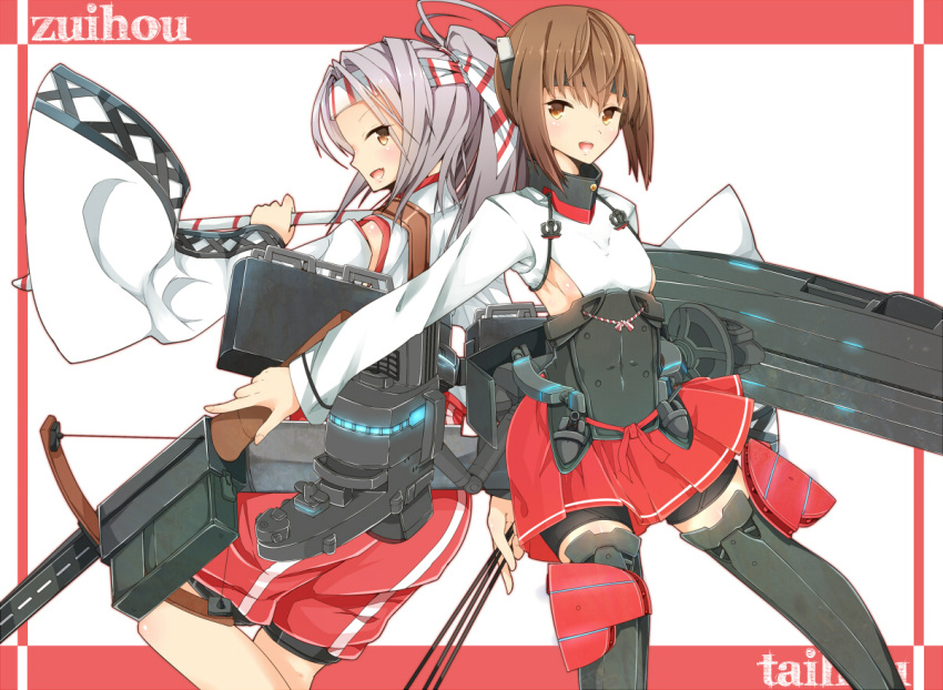 2girls back-to-back bare_shoulders bike_shorts blush bow_(weapon) brown_eyes brown_hair crossbow detached_sleeves flat_chest hachimaki headband headgear high_ponytail japanese_clothes kantai_collection long_hair looking_at_viewer multiple_girls personification pleated_skirt ponytail short_hair skirt smile taihou_(kantai_collection) thighhighs weapon zuihou_(kantai_collection)