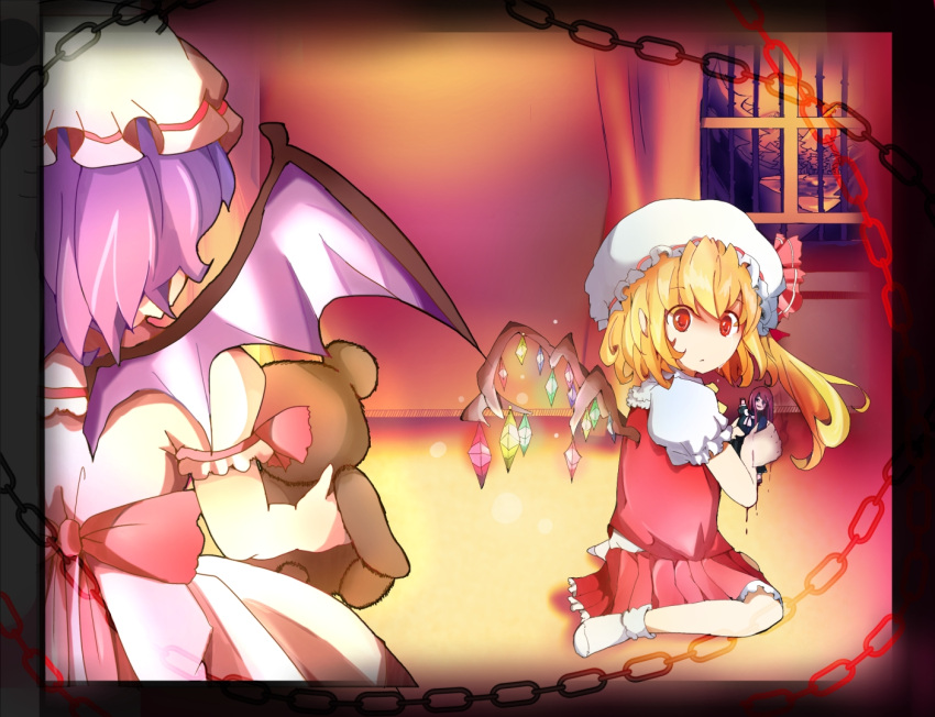 2girls ankle_socks bat_wings blonde_hair border chain doll flandre_scarlet forest from_behind giving indoors lake lavender_hair looking_at_viewer looking_over_shoulder mob_cap mountain multiple_girls nature no_shoes red_eyes remilia_scarlet ribbon rushiyabo short_hair short_sleeves siblings side_ponytail sisters sitting skirt skirt_set stuffed_animal stuffed_toy teddy_bear touhou wariza window wings