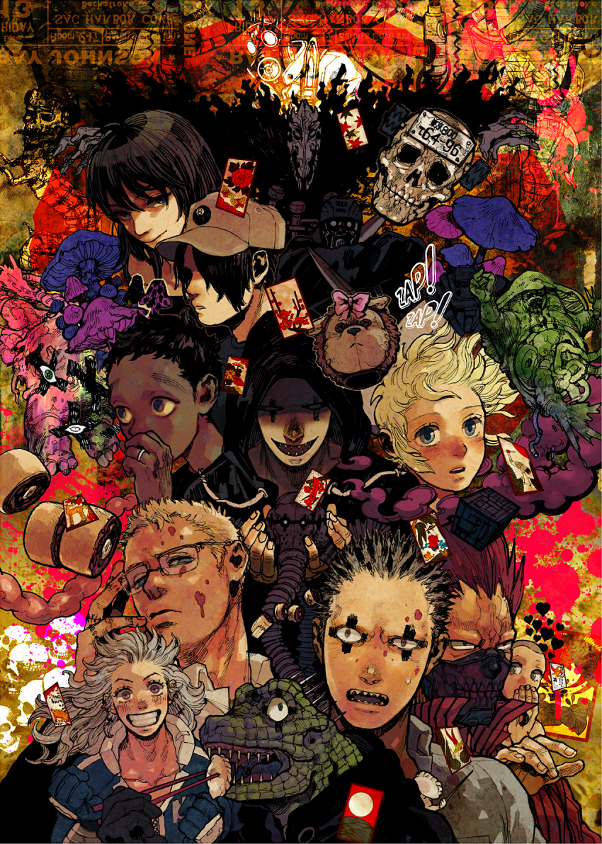 3girls 6+boys aikawa baseball_cap black_hair blonde_hair blood blue_eyes bow brown_eyes caiman card chopsticks chota collarbone dark_skin dorohedoro dumpling earrings eating ebisu_(dorohedoro) en gas_mask gloves grin gyoza_man haru_(dorohedoro) hat heart helmet hidden_eyes highres hood hoodie intestines jewelry jiaozi kai_(dorohedoro) kasukabe_(dorohedoro) knife lizard mask multicolored_hair multiple_boys multiple_girls mushroom noi_(dorohedoro) open_mouth organs pink_hair redhead ring risu_(dorohedoro) scar serious shaded_face sharp_teeth shin_(dorohedoro) skull smile spike spiky_hair surreal tattoo