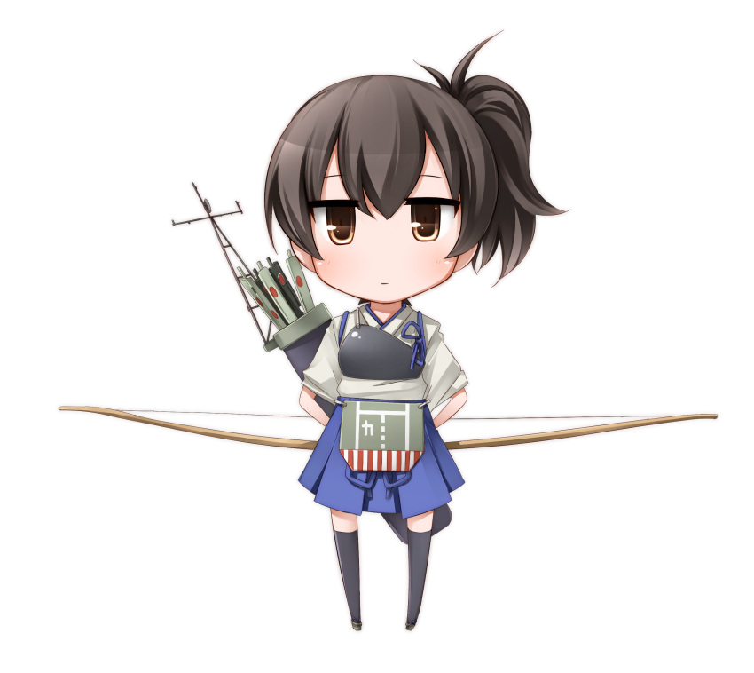 1girl black_hair black_legwear bow_(weapon) expressionless highres japanese_clothes kaga_(kantai_collection) kantai_collection moegi_nenene muneate personification short_hair side_ponytail solo thighhighs weapon white_background