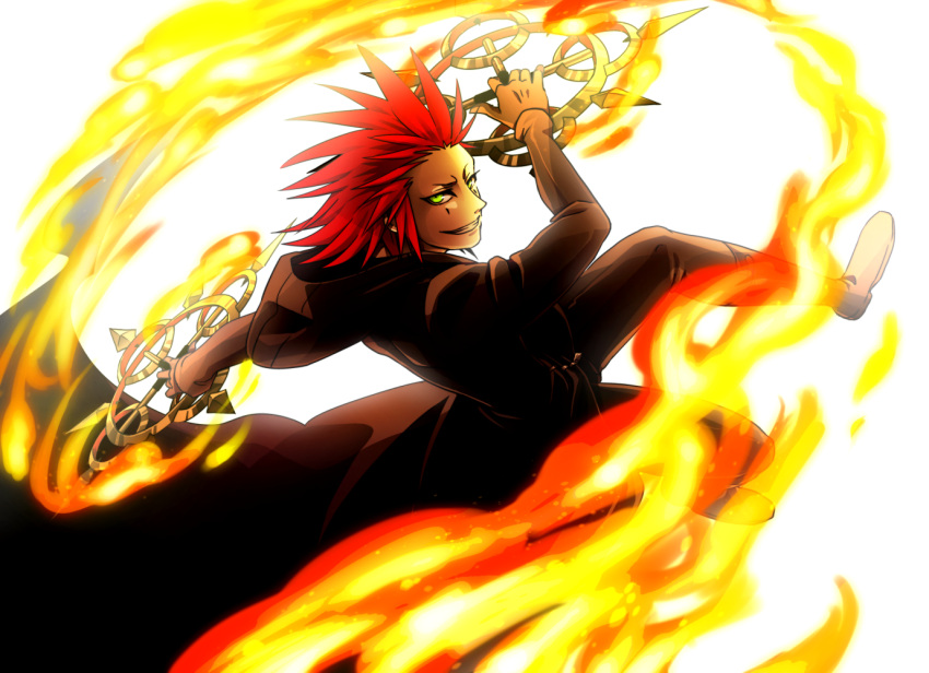 1boy a5_arashi axel chakrams cloak facial_mark fire gloves green_eyes kingdom_hearts redhead simple_background solo