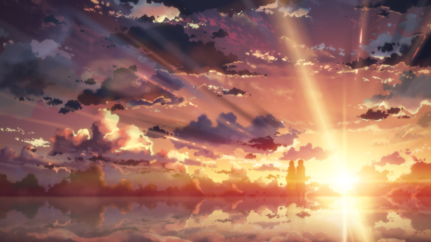 1boy 1girl asuna_(sao) clouds kirito landscape reflection silhouette sunset sword_art_online yuuki_tatsuya