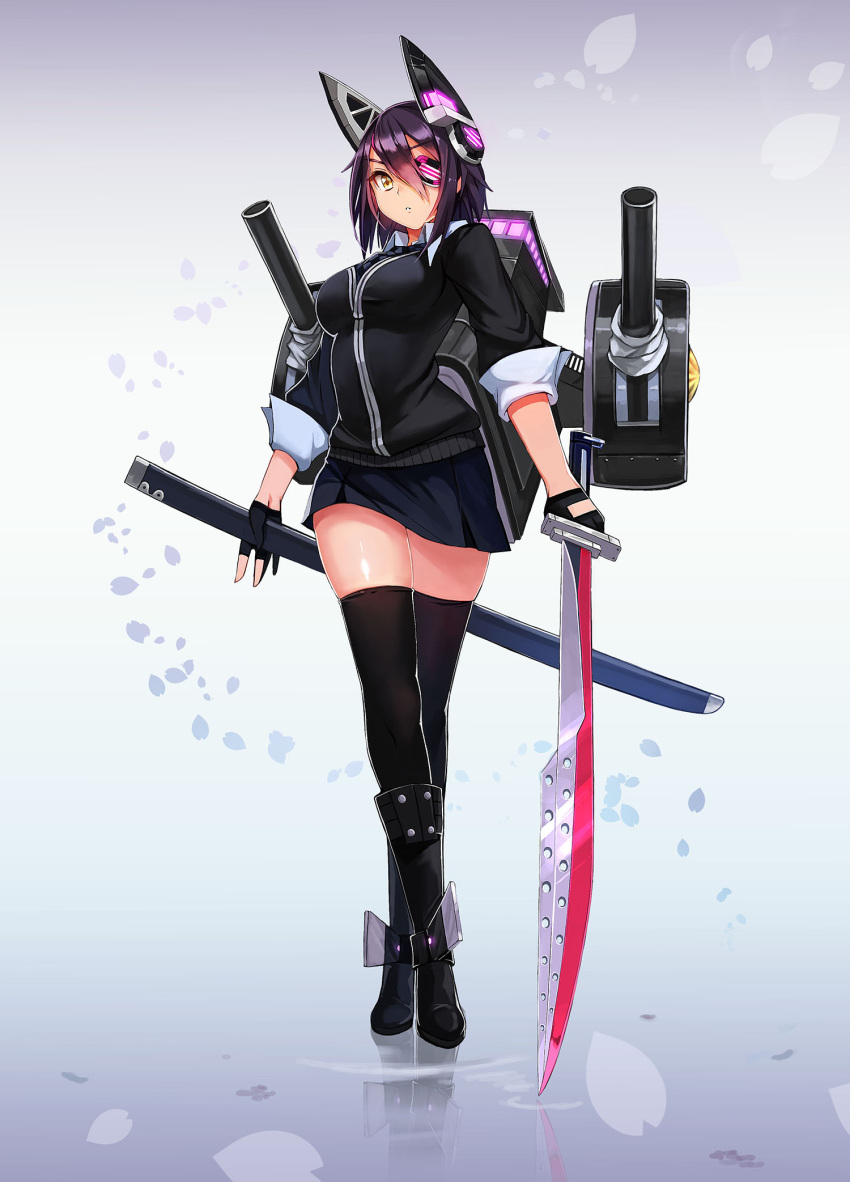 1girl black_legwear blue_background boots breasts crossed_legs_(standing) deneb_(noble324) eyepatch fingerless_gloves gloves highres kantai_collection katana looking_at_viewer parted_lips personification purple_hair short_hair solo sword tenryuu_(kantai_collection) thighhighs weapon yellow_eyes