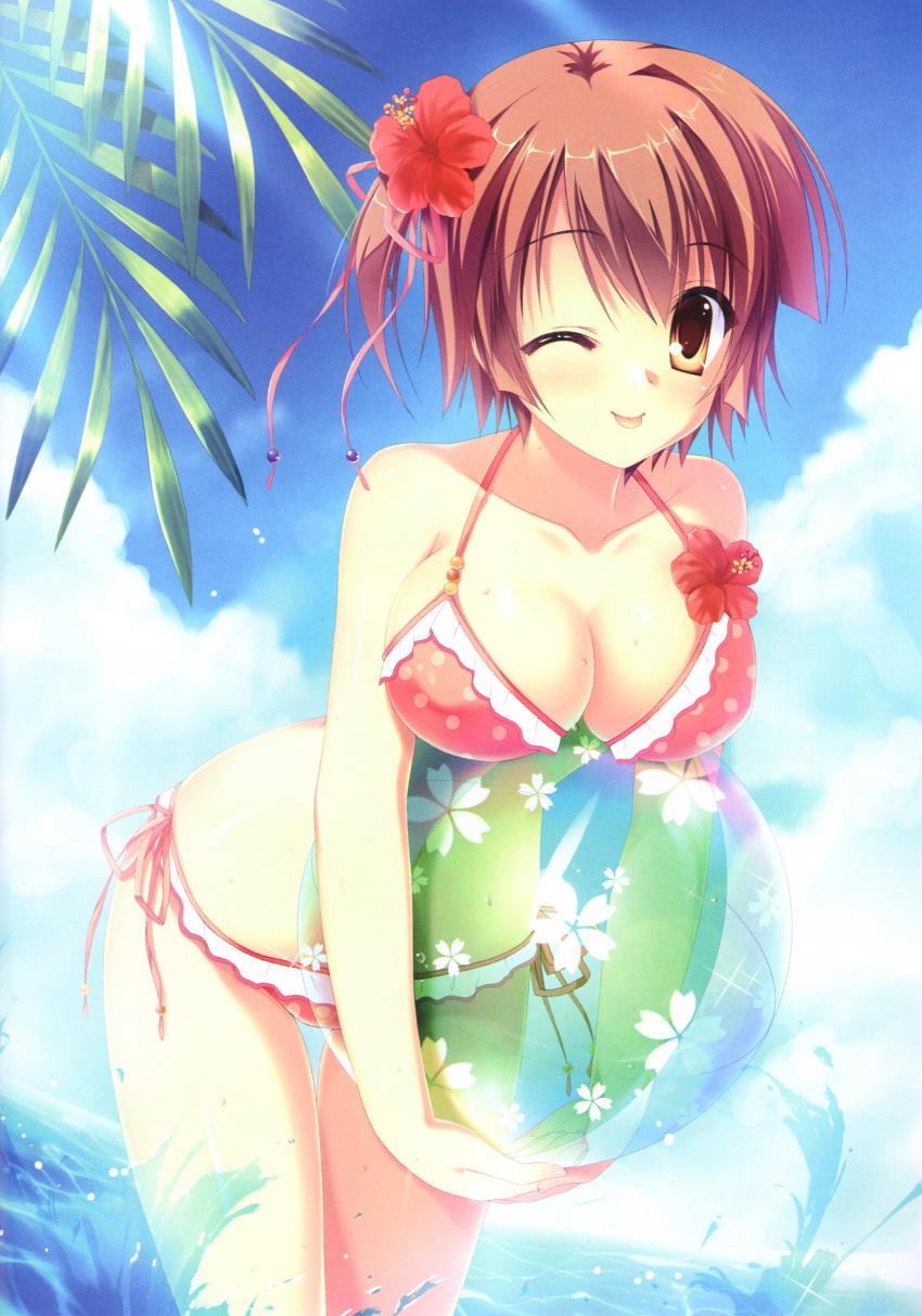 1girl ;p absurdres ball beachball bikini breasts brown_eyes brown_hair cleavage da_capo da_capo_iii flower flower_on_head halterneck hibiscus highres hinomoto_aoi pink_bikini polka_dot polka_dot_bikini polka_dot_swimsuit side-tie_skirt solo swimsuit takano_yuki_(allegro_mistic) tongue water wink