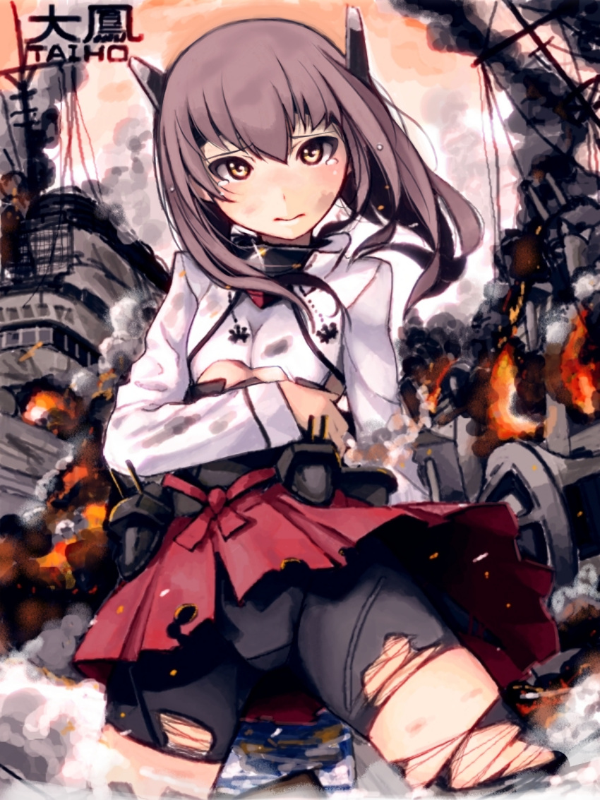 1girl bike_shorts blush brown_eyes brown_hair burnt_clothes flat_chest headband highres kantai_collection looking_at_viewer mistrail personification short_hair skirt solo taihou_(kantai_collection) tears thighhighs torn_clothes wreckage