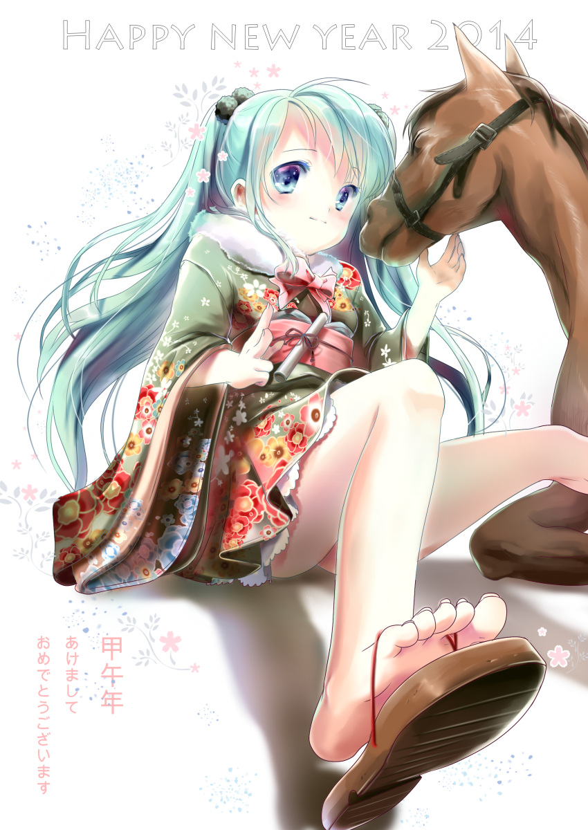 1girl 2014 absurdres akeome aqua_hair blue_eyes feet happy_new_year hatsune_miku highres horse japanese_clothes kimono long_hair new_year sandals siloteddy sitting solo translated twintails vocaloid
