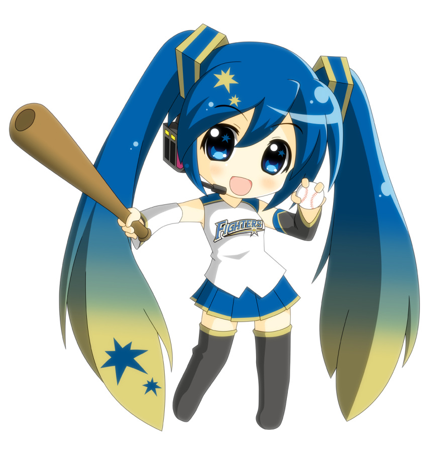 1girl alternate_costume baseball baseball_bat blue_eyes blue_hair defcon-1 detached_sleeves gradient_hair hatsune_miku headset highres hokkaido_nippon-ham_fighters long_hair multicolored_hair nippon_professional_baseball simple_background skirt solo star thighhighs twintails vocaloid white_background