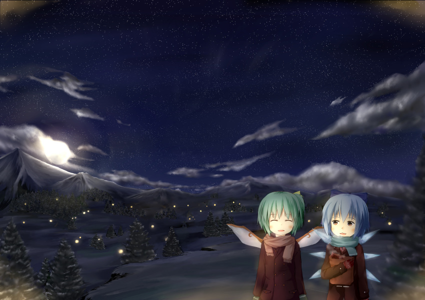2girls bag blue_hair bow cirno closed_eyes clouds coat cold daiyousei fairy_wings fireflies food full_moon gloves green_hair hair_bow hair_ribbon highres ice ice_wings moon multiple_girls naminigo night outdoors parted_lips pine_tree red_eyes ribbon scarf short_hair side_ponytail sky snow star_(sky) starry_sky steam taiyaki touhou tree wagashi wings