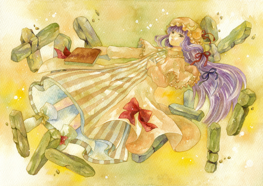 1girl book capelet crescent hair_ribbon hand_on_stomach hat long_hair mabiko patchouli_knowledge purple_hair ribbon solo stone touhou very_long_hair violet_eyes