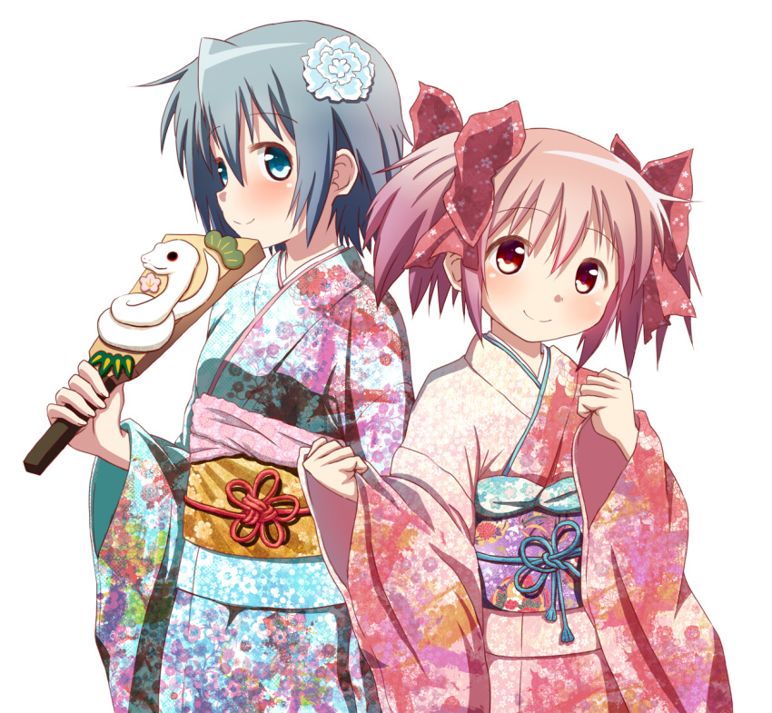 2girls blue_eyes blue_hair bow flower gonzaburou hair_bow hair_flower hair_ornament highres japanese_clothes kaname_madoka kimono mahou_shoujo_madoka_magica miki_sayaka multiple_girls obi pink_eyes pink_hair short_hair short_twintails simple_background smile snake twintails white_background white_snake