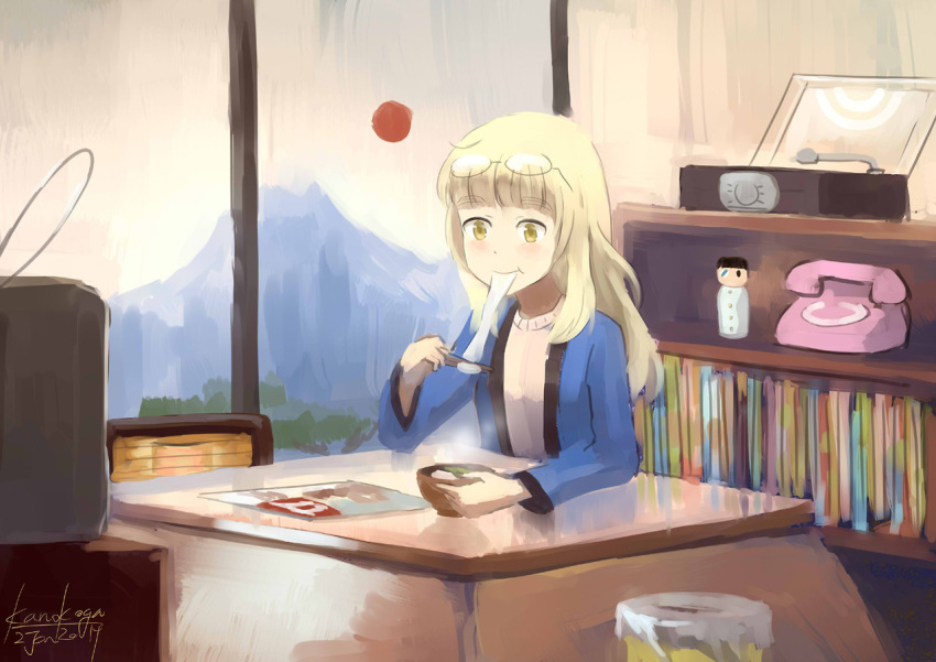 1girl blonde_hair character_doll eating food glasses_on_head heater japanese_clothes kanokoga kotatsu long_hair mochi perrine_h_clostermann phone phonograph sakamoto_mio solo strike_witches table television turntable wagashi yellow_eyes