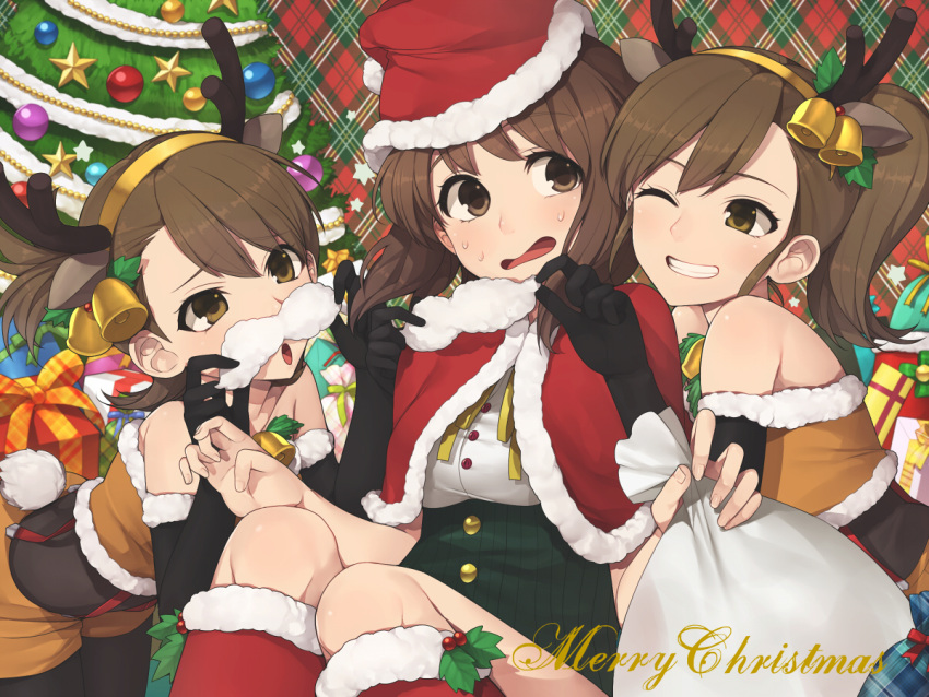 3girls antlers bare_shoulders blush boots brown_eyes brown_hair christmas facial_hair futami_ami futami_mami gloves grin hagiwara_yukiho hat hitoto idolmaster multiple_girls mustache open_mouth sack santa_costume santa_hat short_hair shorts smile sweatdrop