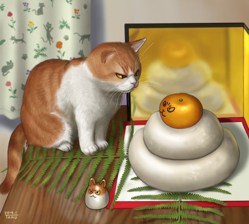 cat dated food fruit kagami_mochi matataku no_humans orange original reflection star stare_down