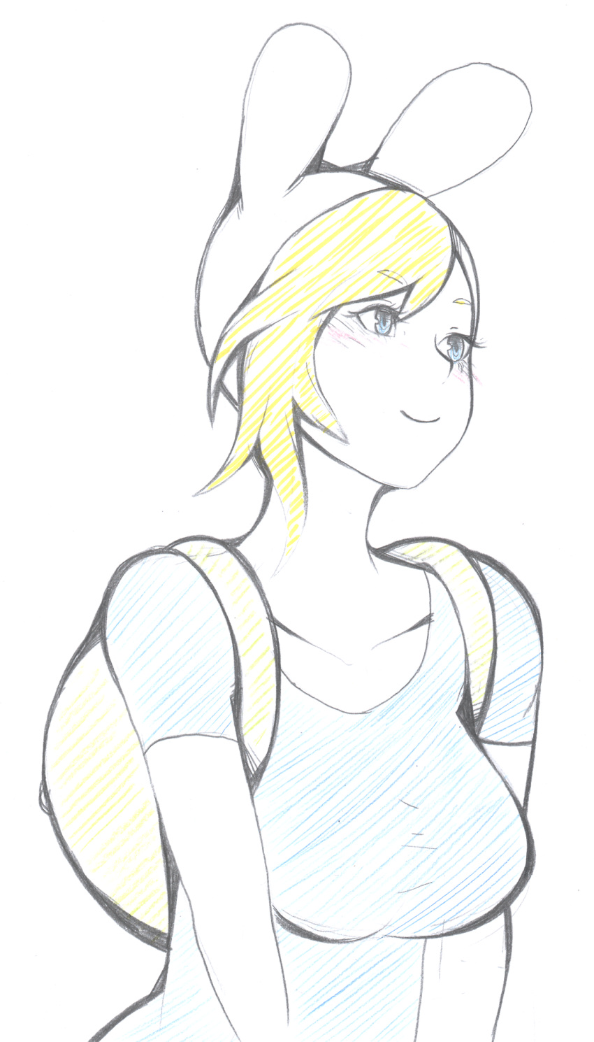 1girl adventure_time animal_hood backpack bag blonde_hair blue_eyes breasts bunny_hood collarbone fionna highres large_breasts sketch smile solo t-shirt