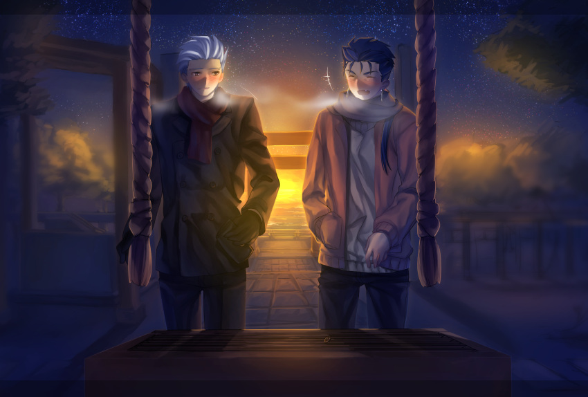 archer blue_hair blush closed_eyes coat earrings fang fate/stay_night fate_(series) highres jewelry lancer long_hair male new_year open_mouth ponytail scarf shrine smile washizu0808 white_hair yellow_eyes
