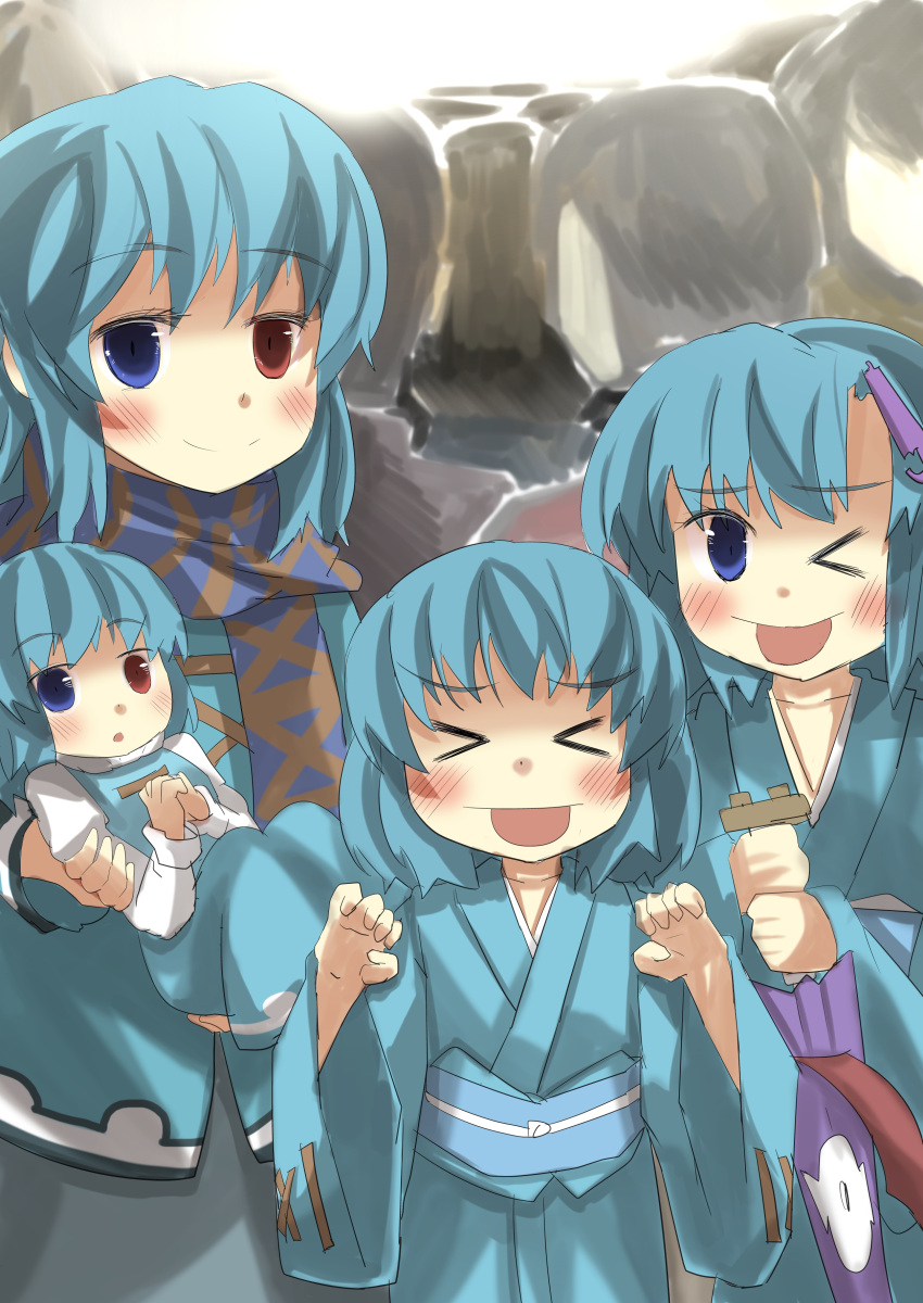 &gt;_&lt; &gt;_o 4girls absurdres blue_eyes blue_hair child furisode gaoo_(frpjx283) heterochromia highres if_they_mated japanese_clothes karakasa_obake kimono looking_at_viewer multiple_girls red_eyes scarf short_hair smile tatara_kogasa tongue tongue_out touhou umbrella wide_sleeves wink