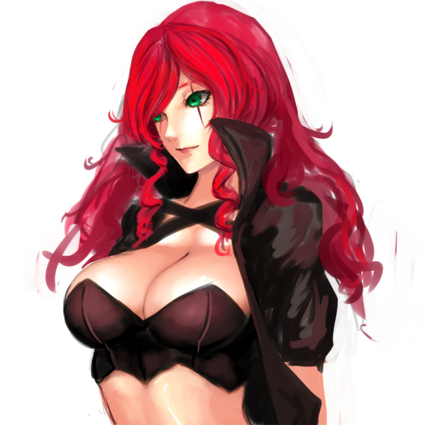 1girl breasts bustier cleavage green_eyes high_collar highres jacket katarina_du_couteau kumiko_(aleron) large_breasts league_of_legends lips nose redhead scar short_sleeves solo wavy_hair