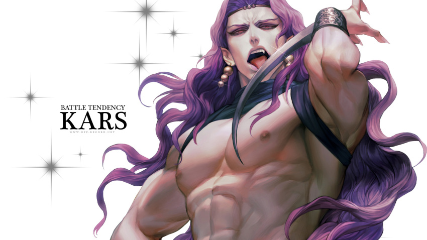 1boy arm_blade cars_(jojo) earrings highres horns jewelry jojo_no_kimyou_na_bouken licking_weapon long_hair manly muscle purple_hair rae red_eyes solo weapon