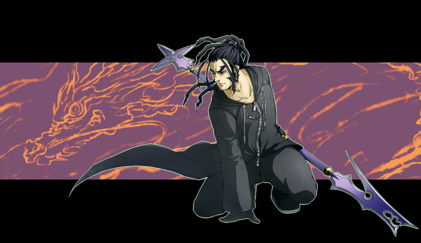 1boy black_hair cloak doyamatsu dragon gloves kingdom_hearts long_hair polearm ponytail purple_hair sideburns spear weapon xaldin