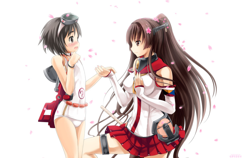2girls anchor antennae black_eyes black_hair blush bracelet brown_eyes brown_hair detached_sleeves diving_mask flower hair_flower hair_ornament highres holding_hands jewelry kantai_collection long_hair maruyu_(kantai_collection) multiple_girls namamo_nanase open_mouth personification petals ponytail school_swimsuit shirt short_hair simple_background skirt smile swimsuit very_long_hair white_background white_school_swimsuit white_swimsuit yamato_(kantai_collection)