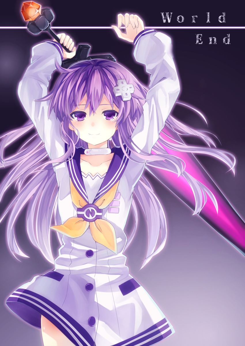 1girl choujigen_game_neptune choujigen_game_neptune_mk2 d-pad hair_ornament highres long_hair nepgear purple_hair sakura_hayato school_uniform serafuku smile solo sword tears violet_eyes weapon