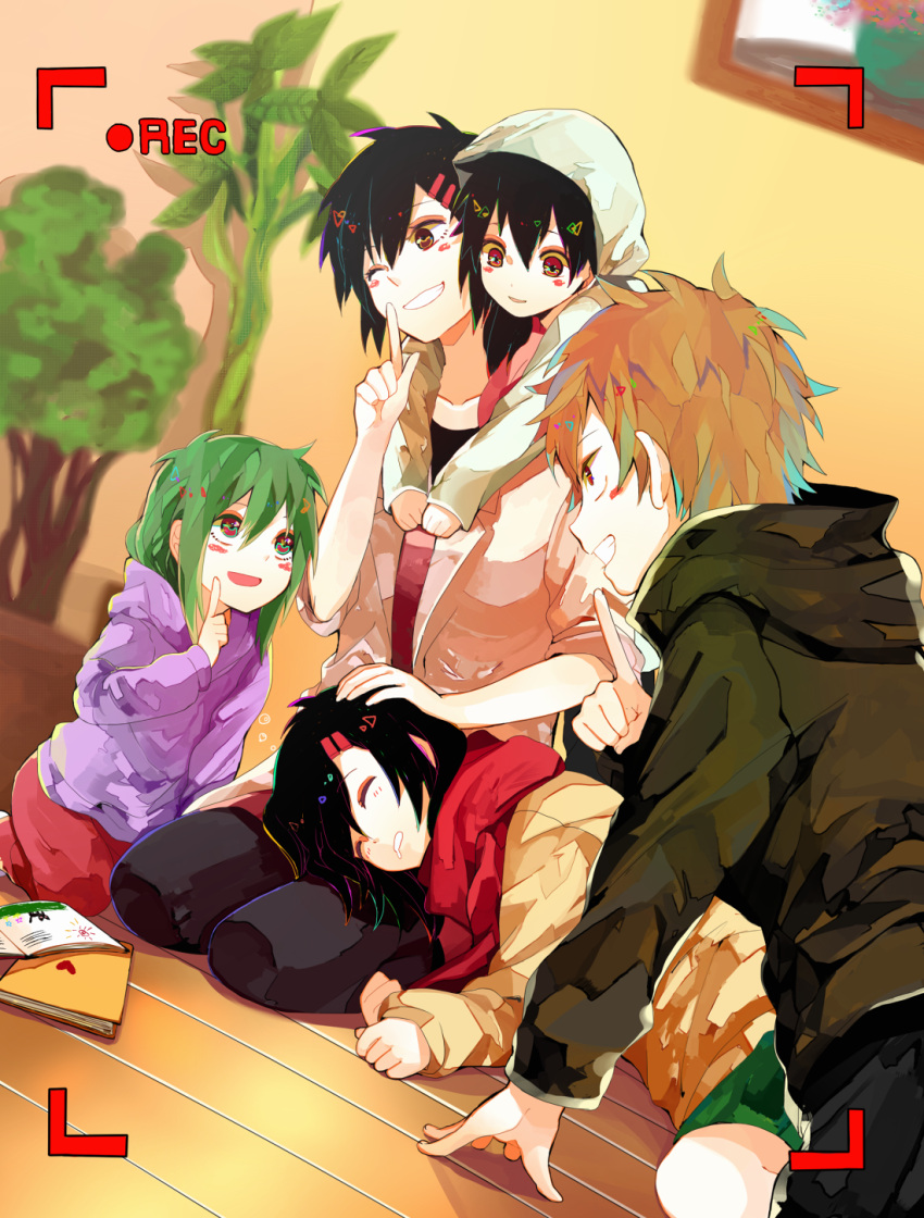 ayano_(kagerou_project) black_hair finger_to_mouth green_hair grin hair_ornament hairclip highres hoodie kagerou_project kano_(kagerou_project) kido_(kagerou_project) long_hair mitsu_yomogi scarf seto_(kagerou_project) short_hair smile tateyama_ayaka younger