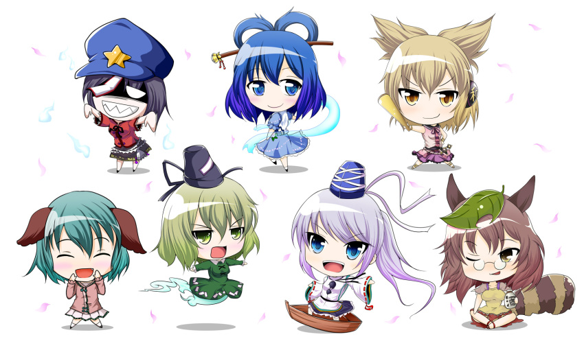 amber_eyes animal_ears anklet belt blouse blue_dress blue_eyes blue_hair blush boat bracelet breasts brown_dress brown_eyes brown_hair butterfly_sitting chibi closed_eyes dog_ears dress ears evil_grin evil_smile fang flower futatsuiwa_mamizou ghost ghost_tail glasses gourd gradient_hair green_dress green_eyes green_hair grin hagoromo hair_ornament hair_stick hat headphones highres japanese_clothes jewelry jiangshi kaku_seiga kasodani_kyouko leaf leaf_on_head looking_back miyako_yoshika mononobe_no_futo multicolored_hair open_mouth outstretched_arms petals pince-nez pom_pom_(clothes) ponytail puffy_sleeves raccoon_ears raccoon_tail ratte_(intruder) ribbon ritual_baton scowl shaded_face sharp_teeth shawl shouting silver_hair sitting skirt sleeveless smile smirk soga_no_tojiko spirits star sword tail talisman tate_eboshi ten_desires touhou toyosatomimi_no_miko vest weapon wide_sleeves wide_stance zombie_pose