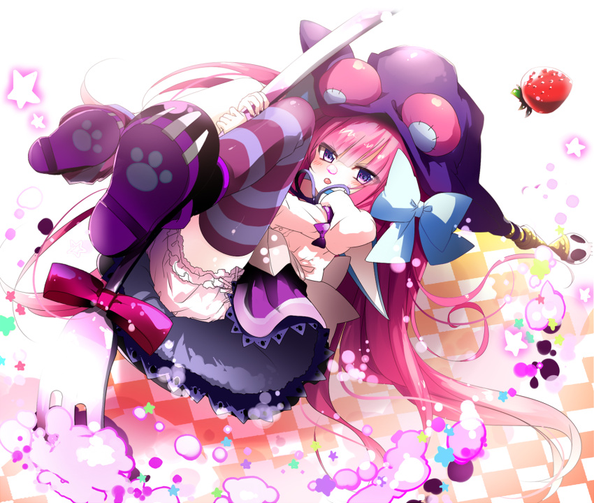 1girl bloomers bow checkered checkered_background dumpty_alma emam_0201 emil_chronicle_online food fork fruit hair_bow hat highres long_hair looking_at_viewer pink_hair puzzle_&amp;_dragons skirt solo strawberry striped striped_legwear thighhighs underwear verniy_(kantai_collection) violet_eyes