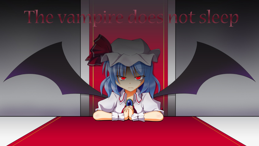 1girl ascot bat_wings blouse blue_hair brooch english frown hands_together hat hat_ribbon highres interlocked_fingers jewelry kurenaidahlia looking_at_viewer mob_cap puffy_short_sleeves puffy_sleeves red_eyes remila_scarlet ribbon short_hair short_sleeves slit_pupils solo touhou tsurime wings wrist_cuffs