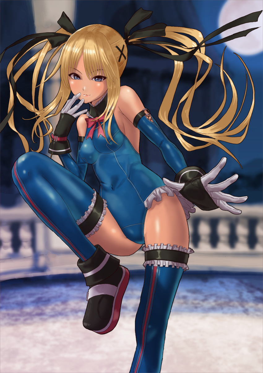 1girl bare_shoulders blonde_hair blue_eyes blue_legwear braid dead_or_alive hensou highres leg_lift leotard light_smile looking_at_viewer marie_rose small_breasts solo thighhighs thighs twintails
