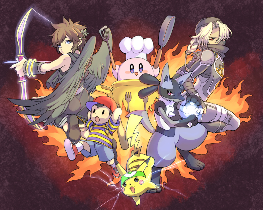 alternate_color baseball_bat black_eyes black_hair blonde_hair blue_eyes bow_(weapon) brown_hair frying_pan hat headband kid_icarus kirby kirby_(series) kudou_akira lucario mother_(game) mother_2 ness nintendo ocarina_of_time pikachu pit_(kid_icarus) pokemon red_eyes sheik spatula super_smash_bros. the_legend_of_zelda weapon wings