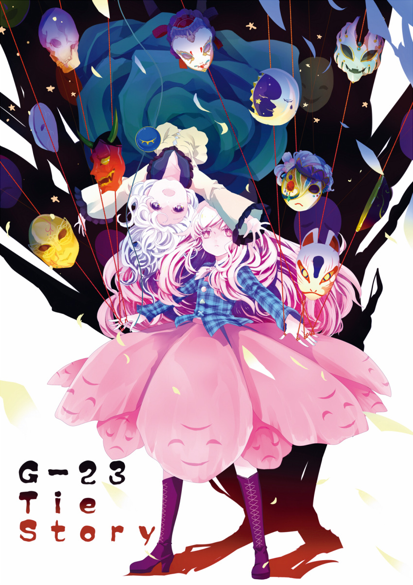2girls boots bow eyeball fox_mask full_body grey_eyes hanada_hyou hata_no_kokoro highres komeiji_koishi long_hair long_skirt long_sleeves looking_at_another mask multiple_girls no_hat noh_mask oni_mask open_mouth outstretched_arms pink_eyes pink_hair plaid plaid_shirt shirt silver_hair simple_background skirt skull smile standing string text third_eye touhou upside-down very_long_hair wavy_hair wide_sleeves