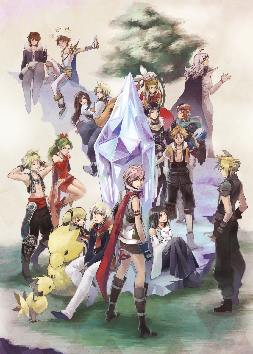 5girls 6+boys absurdres ace_(fft-0) armor black_hair blitzball blonde_hair brown_hair butz_klauser cape cecil_harvey chocobo cloud_strife crystal dissidia_012_final_fantasy dissidia_final_fantasy everyone final_fantasy final_fantasy_i final_fantasy_ii final_fantasy_iii final_fantasy_iv final_fantasy_ix final_fantasy_type-0 final_fantasy_v final_fantasy_vi final_fantasy_vii final_fantasy_viii final_fantasy_x final_fantasy_xi final_fantasy_xii final_fantasy_xiii frioniel garnet_til_alexandros_xvii gloves green_hair hands_clasped heart helmet highres holding jacket lightning_farron looking_at_viewer looking_back looking_over_shoulder meka_(totto18) moogle multiple_boys multiple_girls onion_knight pink_hair scarf shantotto silver_hair sitting squall_leonhart standing star tidus tina_branford tree vaan warrior_of_light yuna zidane_tribal