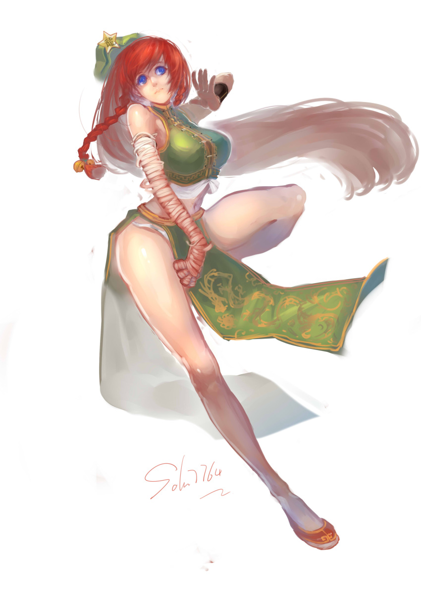 1girl absurdres bandages bare_shoulders blue_eyes braid breasts china_dress chinese_clothes hat highres hong_meiling large_breasts legs long_hair long_legs redhead signature simple_background sola7764 solo thighs touhou twin_braids white_background
