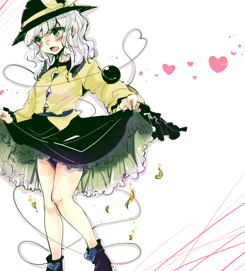 1girl blush curtsey eyeball frilled_skirt frills green_eyes hat hat_ribbon heart heart_of_string highres kiguchiko komeiji_koishi long_sleeves open_mouth panties petals ribbon shirt short_hair silver_hair simple_background sketch skirt skirt_lift smile solo third_eye touhou underwear upskirt white_background